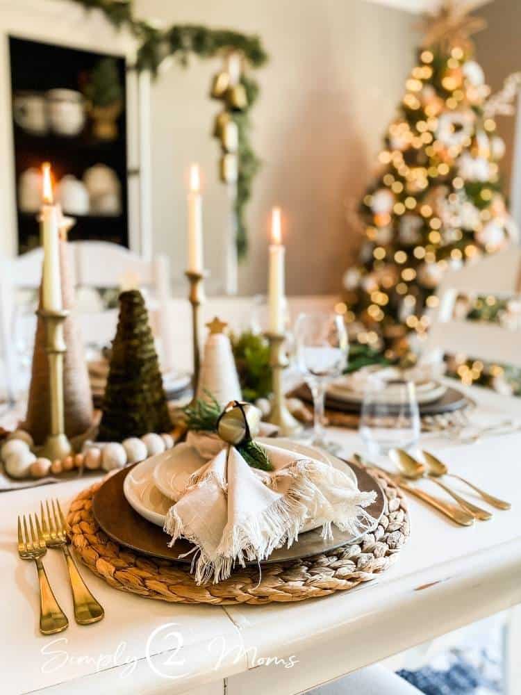 Layered Farmhouse Tablescape with Wicker and Gold Accents — Farmhouse Christmas Decor