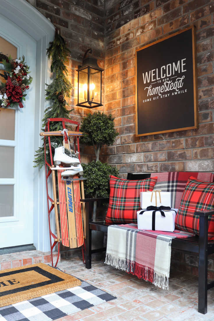 Farmhouse Porch with Vintage Sled and Plaid Accents Farmhouse Porch with Vintage Sled and Plaid Accents — Christmas Porch Decor
