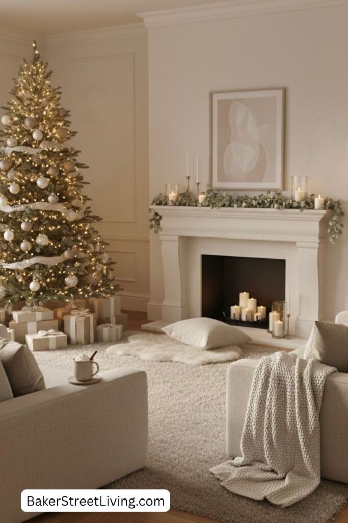 Neutral Living Room with Minimalist Christmas Tree — Simple Christmas Decor
