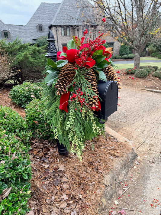 Abundant Red Berry and Pinecone Arrangement Topping a Black Mailbox — Christmas Mailbox Decor
