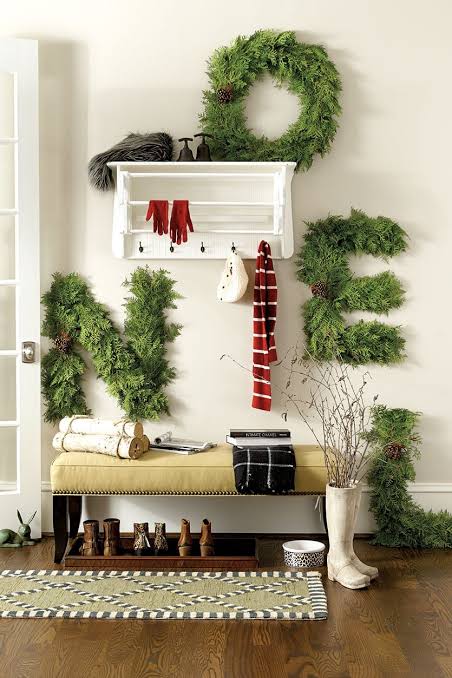 Modern Entryway with Greenery 'NOEL' Letters and Yellow Bench Modern Entryway with Greenery 'NOEL' Letters and Yellow Bench — Christmas Entryway Decor