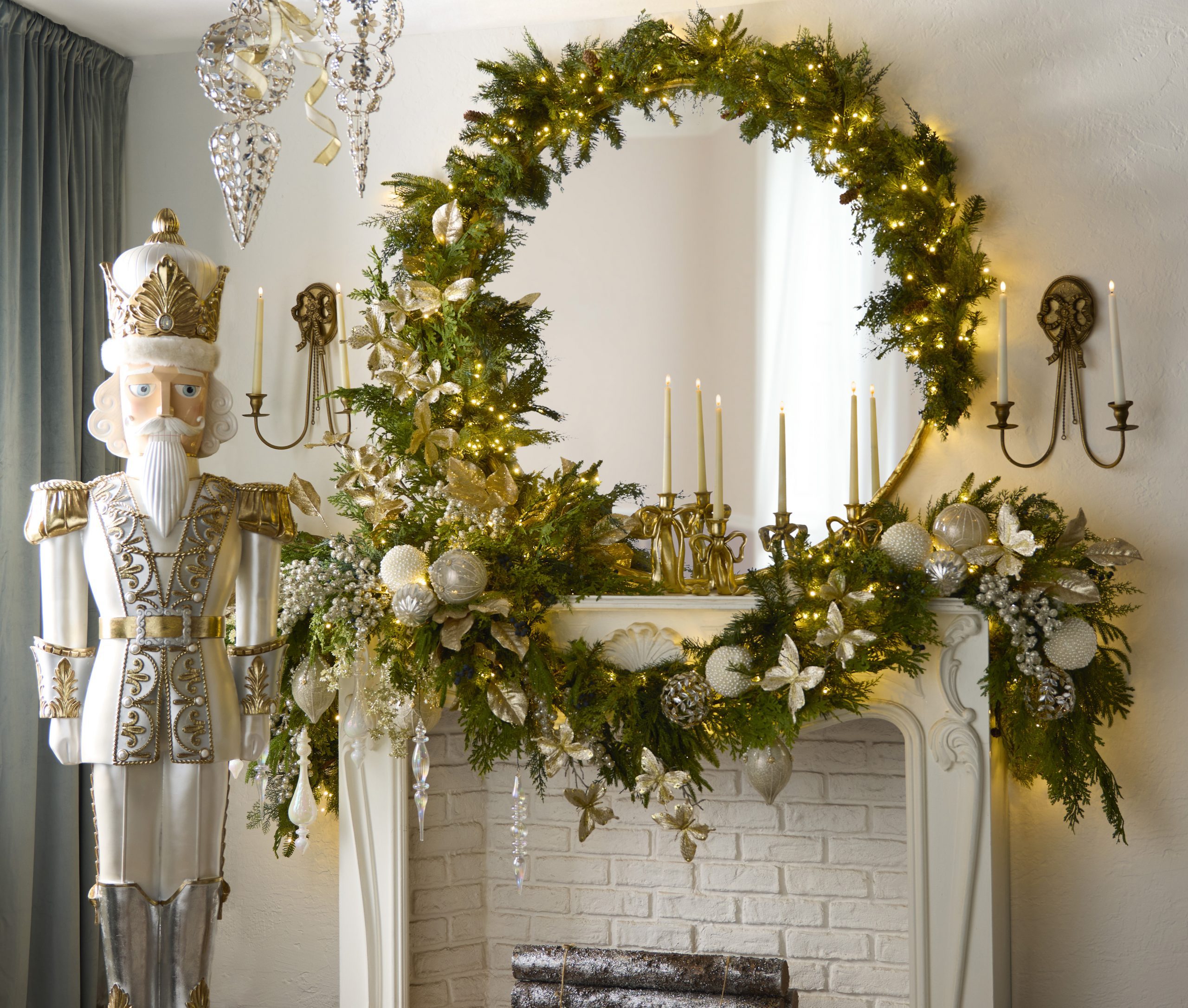 Elegant Mantel with Nutcracker, Fairy Lights, and Ornate Mirror Elegant Mantel with Nutcracker, Fairy Lights, and Ornate Mirror — Christmas Fireplace Decor