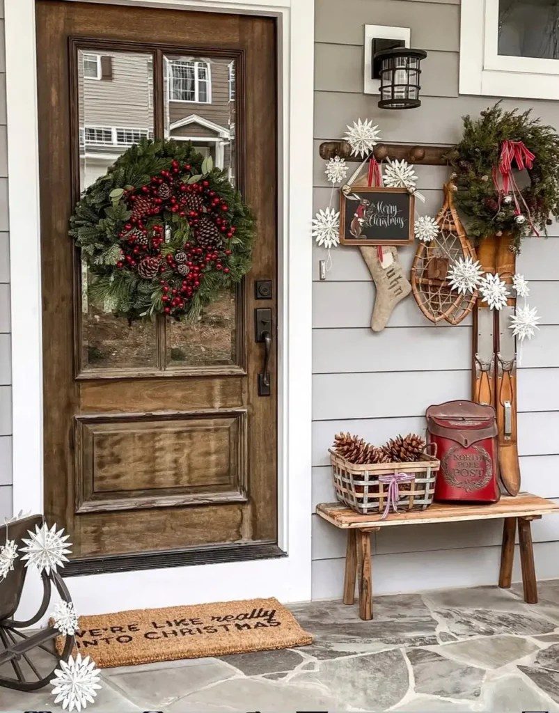 Rustic Doorway with Vintage Snowshoes and Skis — Farmhouse Christmas Porch