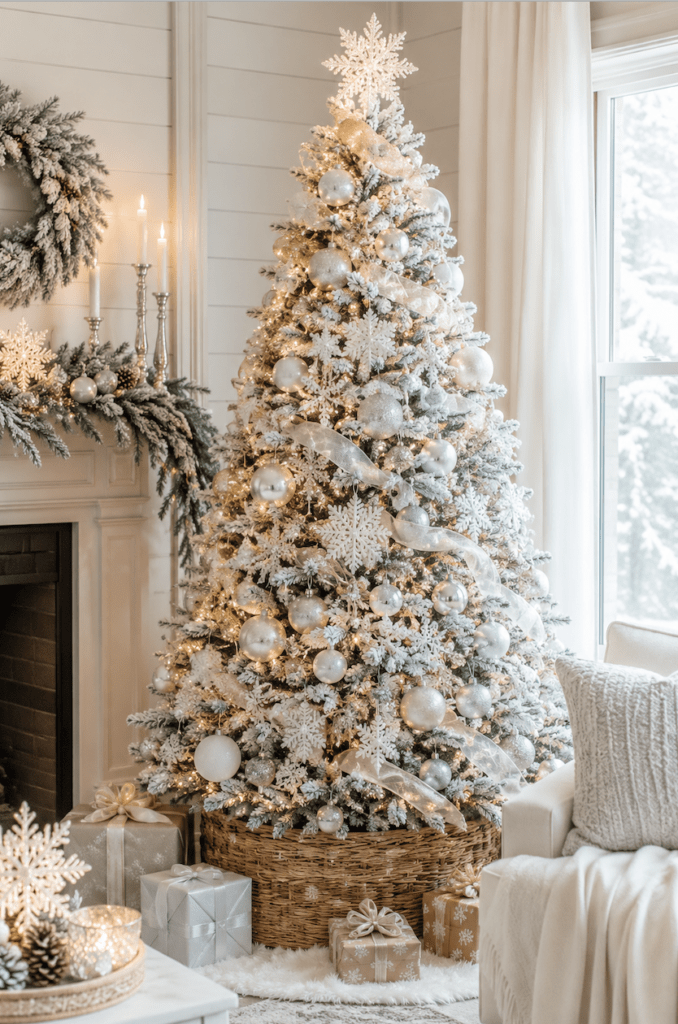 Centered Grandeur: Traditional Flocked Tree with Fireplace Garland Centered Grandeur: Traditional Flocked Tree with Fireplace Garland — Flocked Christmas Tree Decor