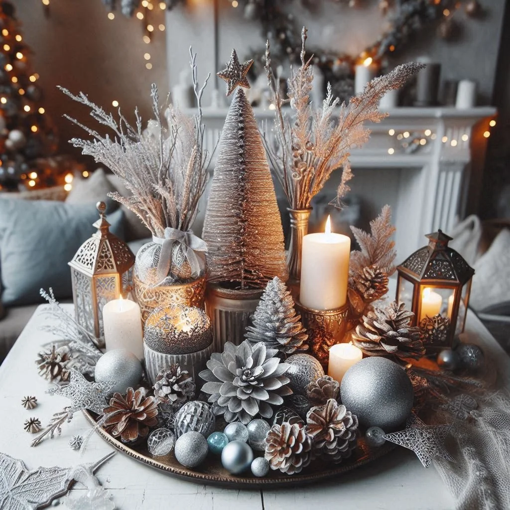 Monochromatic Silver and White Winter Wonderland Tabletop Vignette — Winter Wonderland Christmas Decor