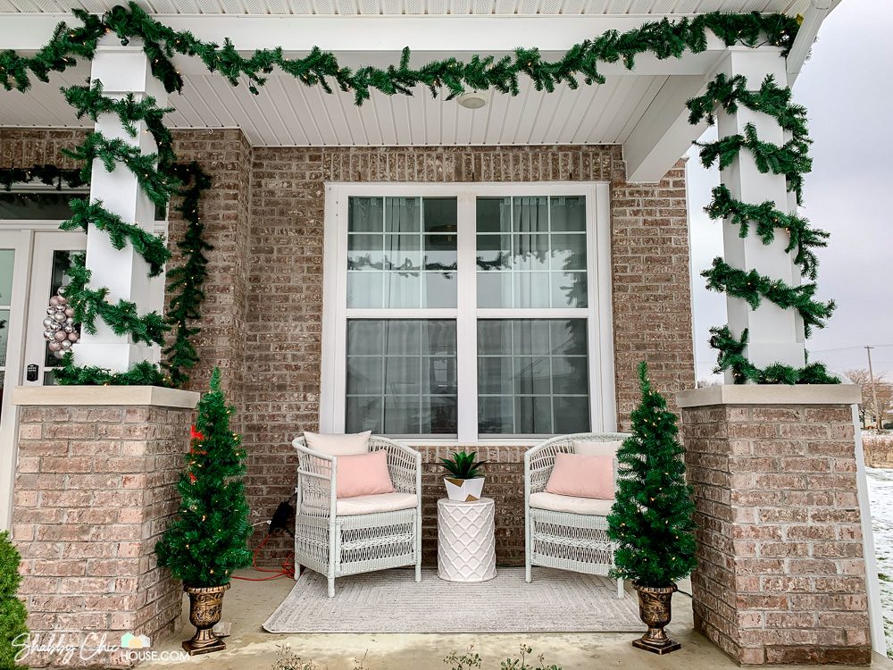 Modern Porch with Minimalist Trees and Pink Accents — Simple Christmas Outdoor Decor