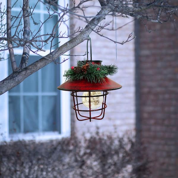 Rustic Red Metal Lantern Adorned with Greenery — Christmas Lantern Lights