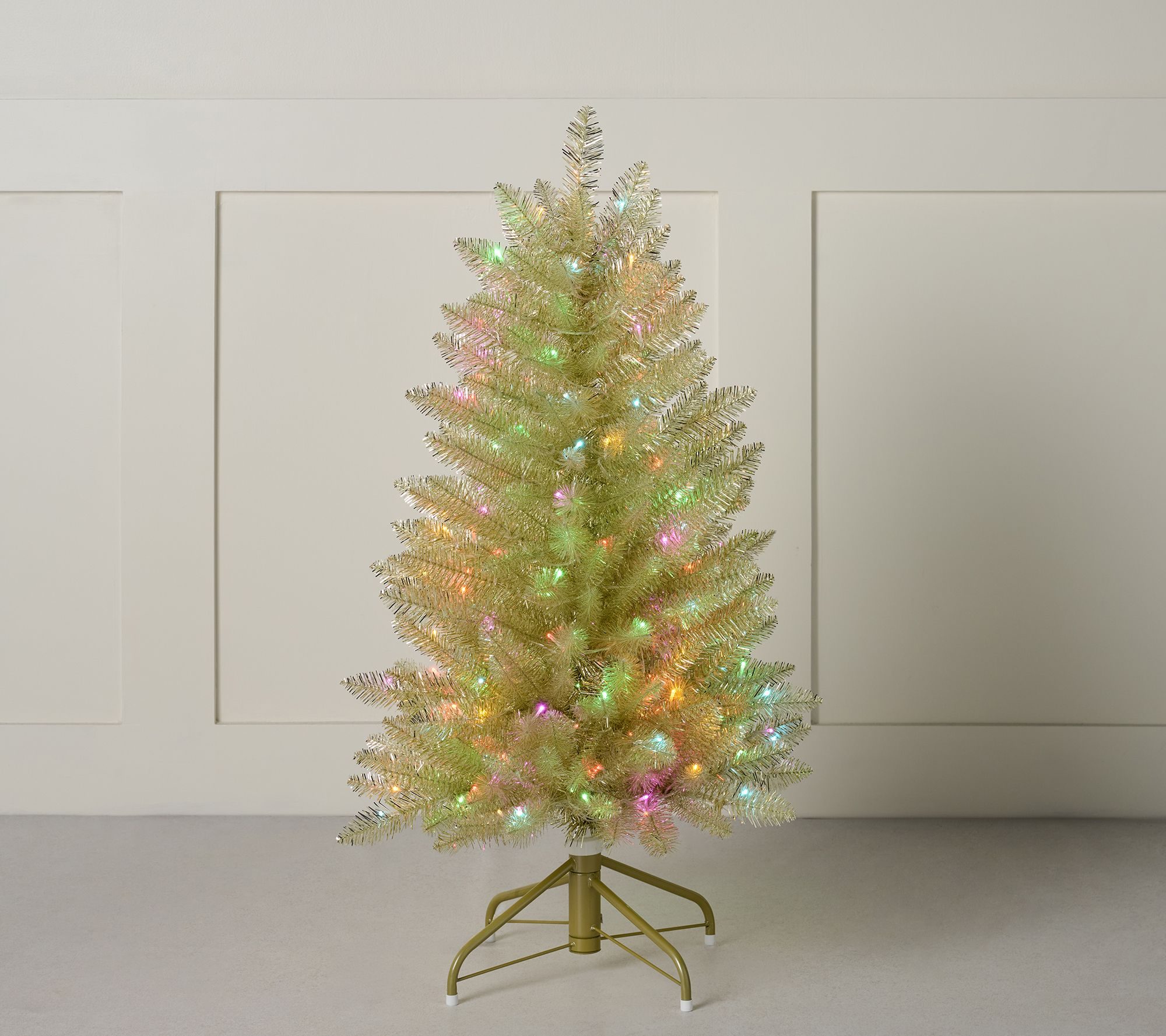 Modern Gold Tinsel Tree with Multicolor LED Lights Modern Gold Tinsel Tree with Multicolor LED Lights — Christmas Tree with Colored Lights