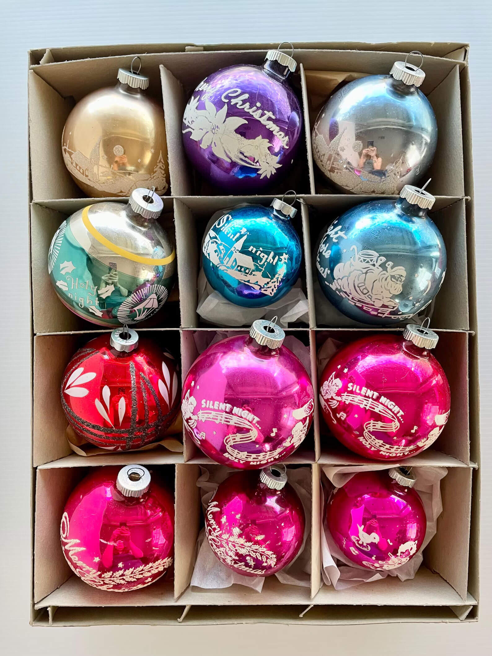 Vintage Glass Ornaments with Festive Text in a Storage Box — Vintage Christmas Ornaments