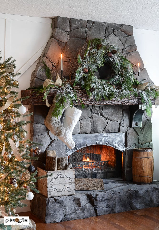 Stone Fireplace with Lush Pine Garland and Wreath — Rustic Christmas Decor