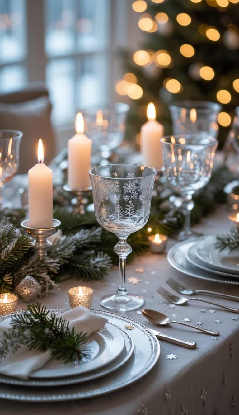 Cozy Winter New Year's Eve Table Setting with Etched Wine Glasses — New Years Eve Party 2027