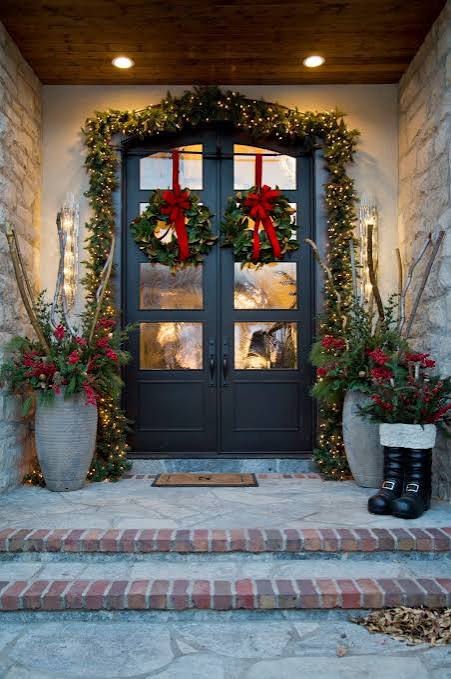 Festive Double Door Entrance with Lush Garland and Lights — Outdoor Christmas Lights