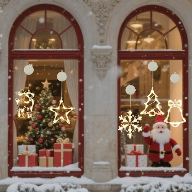 Traditional Festive Figures Illuminate Arched Christmas Windows — Christmas Fairy Lights Window