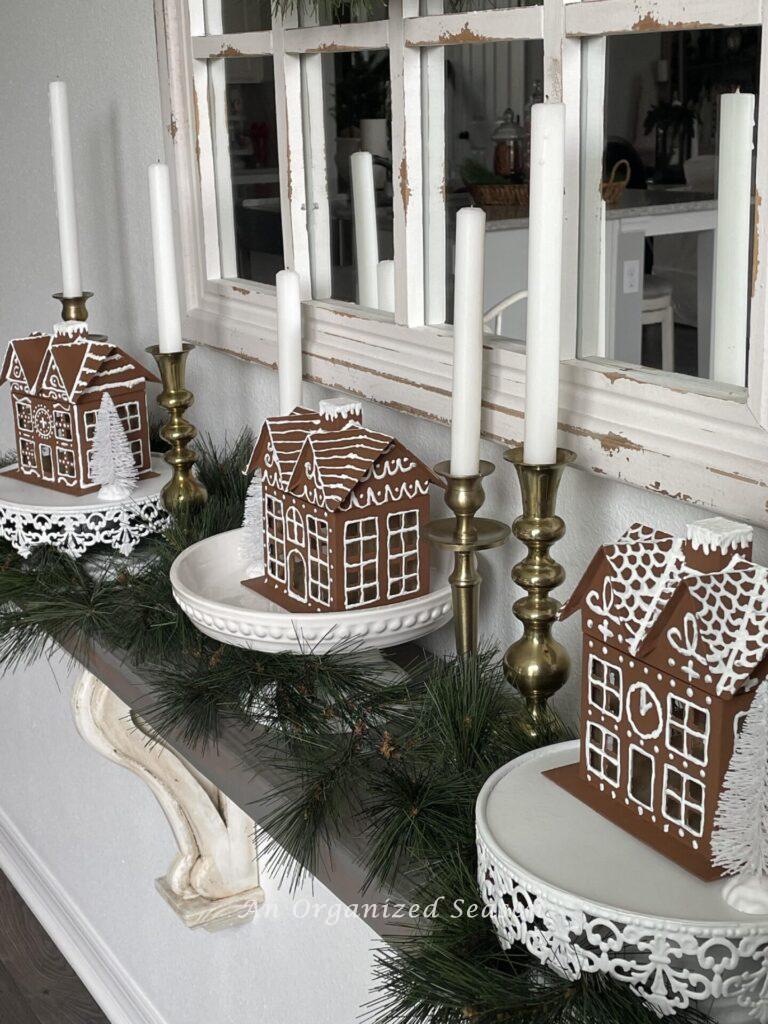 Farmhouse Mantel Adorned with Iced Gingerbread Houses — Gingerbread Christmas Decor