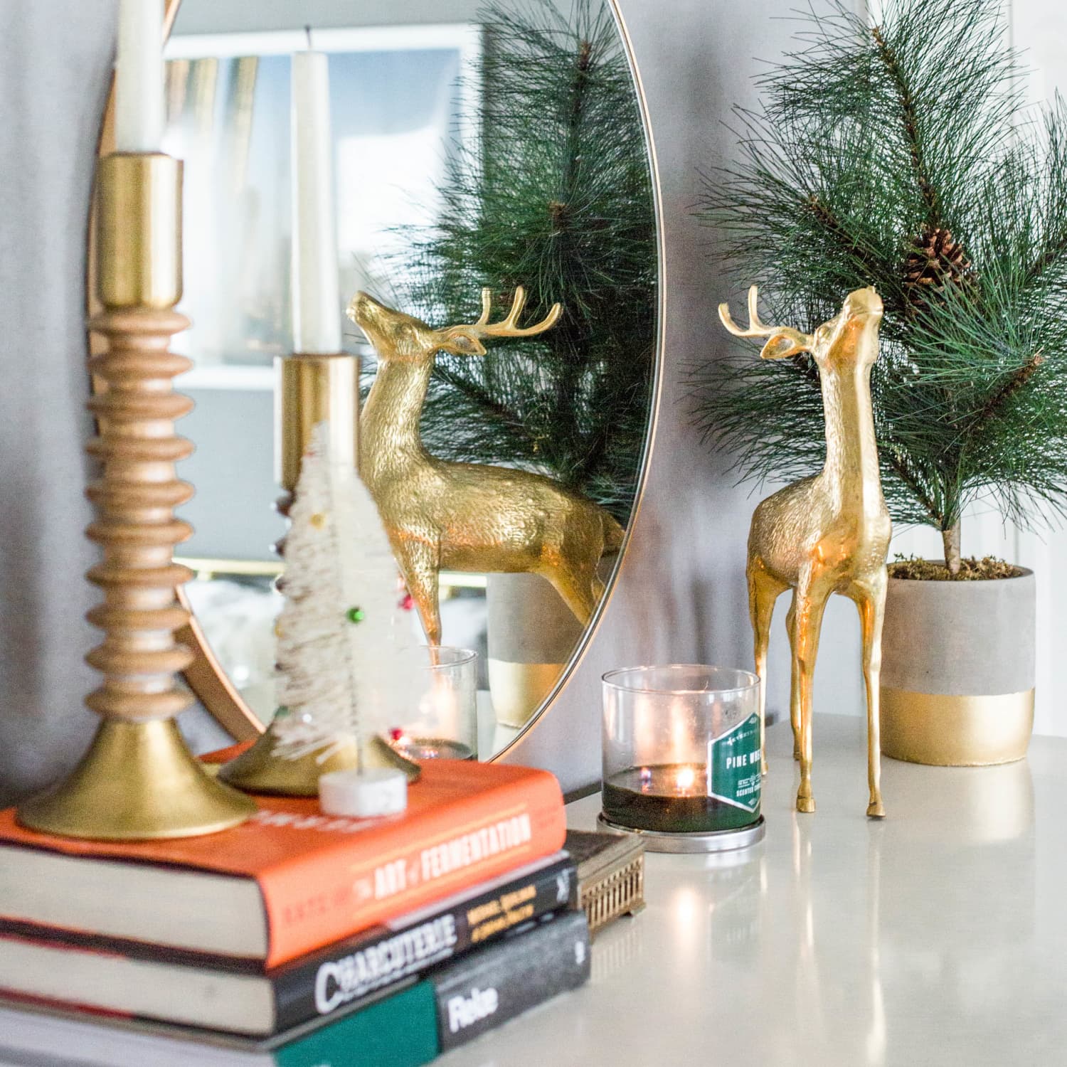 Farmhouse Charm with a Mini Christmas Tree on a Bedside Table Farmhouse Charm with a Mini Christmas Tree on a Bedside Table — Christmas Apartment Decor