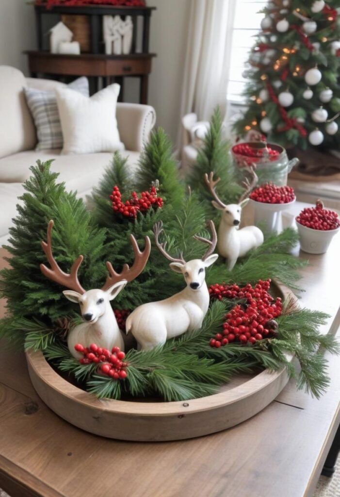 Whimsical Reindeer Centerpiece with Miniature Trees Whimsical Reindeer Centerpiece with Miniature Trees — Christmas Coffee Table Decor