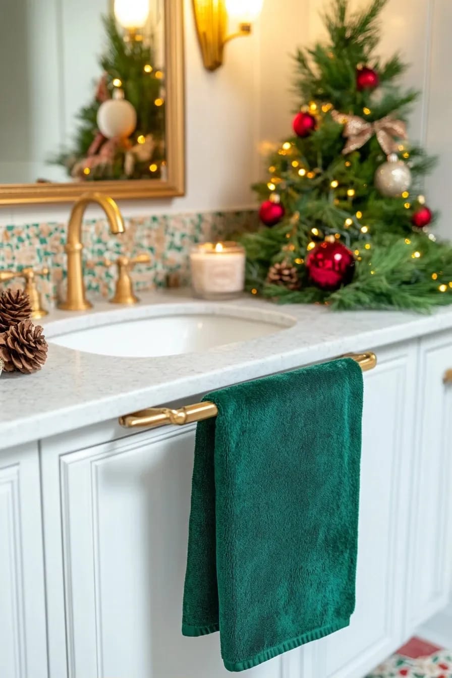 Festive Countertop Vignette with Miniature Christmas Tree and Pine Garland Festive Countertop Vignette with Miniature Christmas Tree and Pine Garland — Christmas Bathroom Decor