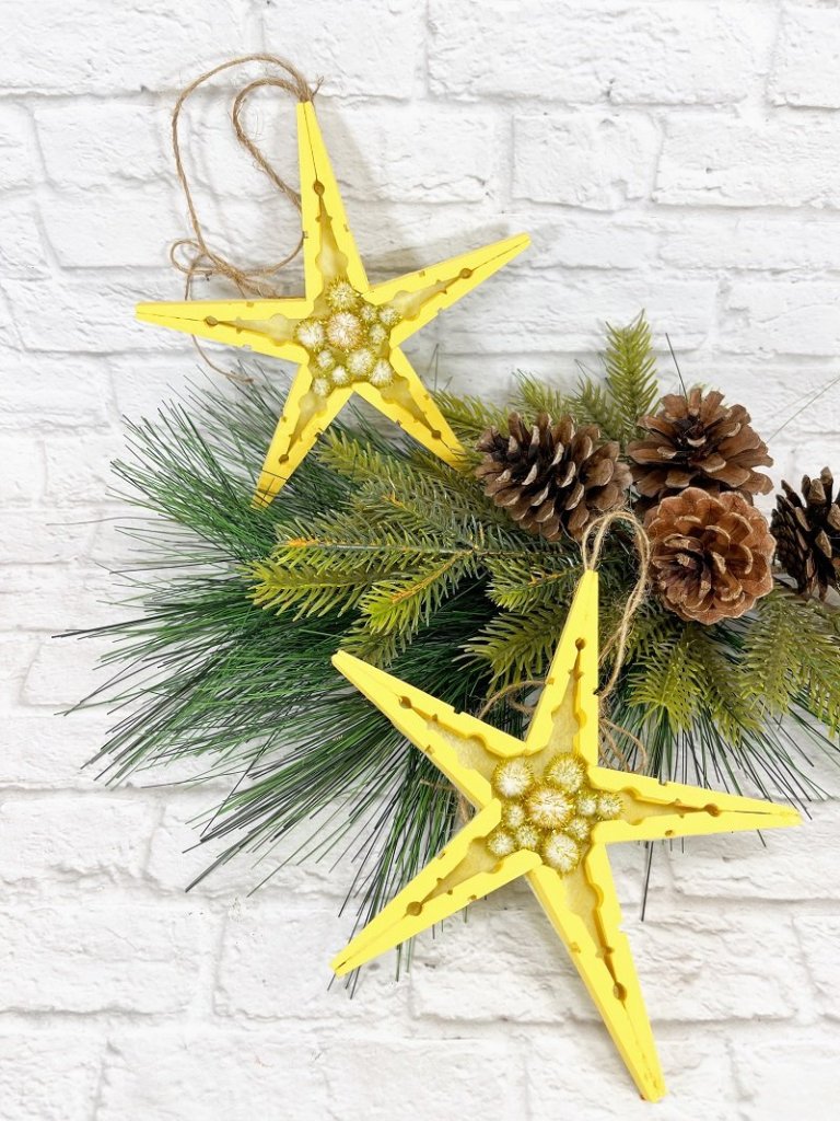 Crafty Yellow Clothespin Star Ornaments on Pine Garland — Dollar Tree Christmas Decor