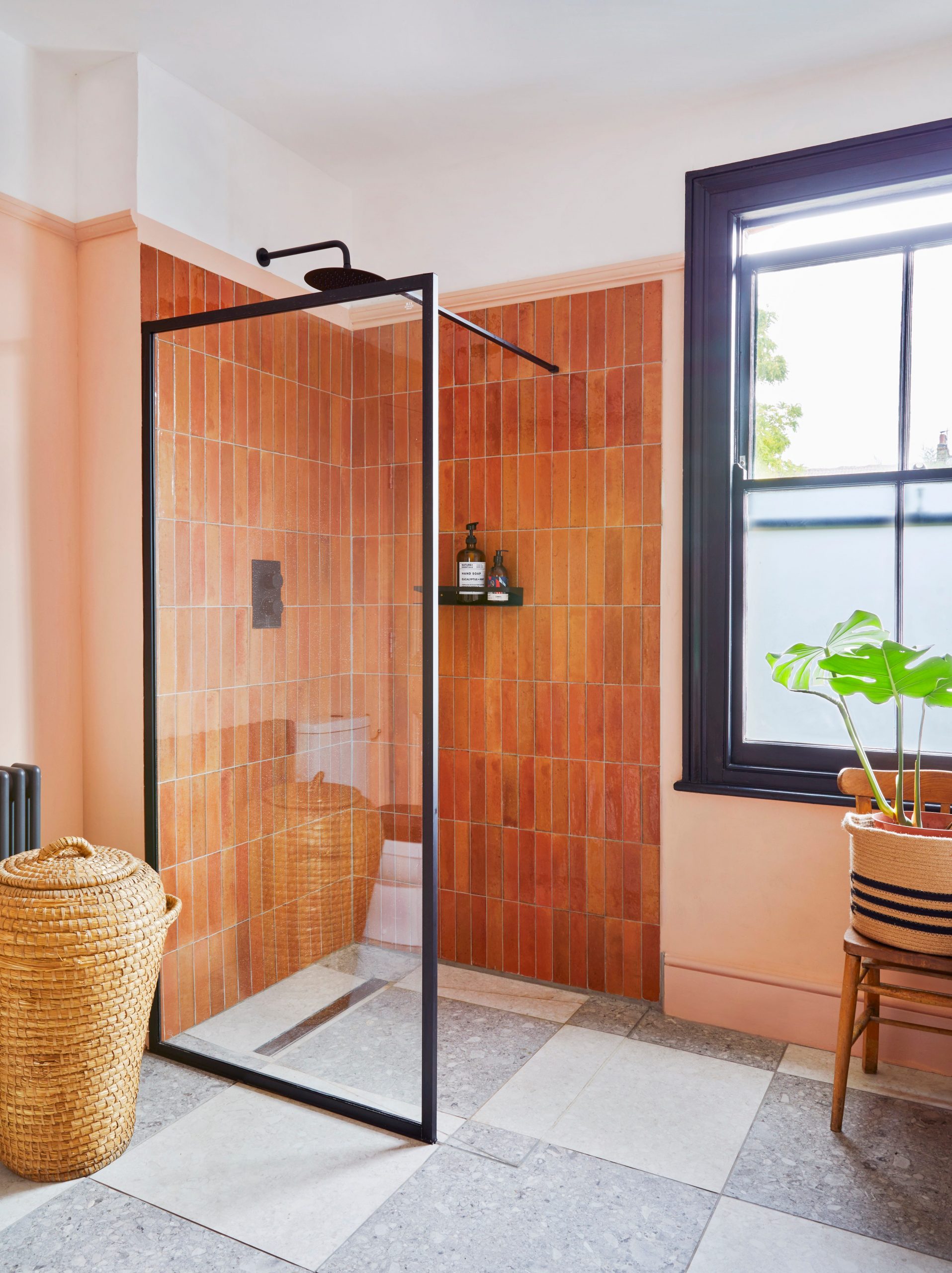 Eclectic Bathroom Featuring Vibrant Terracotta Tiles — Shower Room Ideas