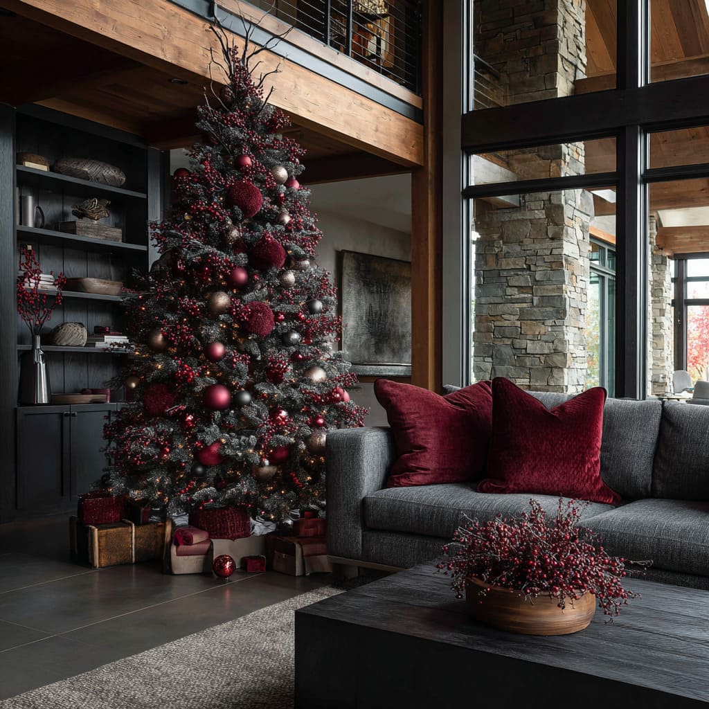 Modern Rustic Tree with Deep Red Berries and Gold Accents — Christmas Tree Color Schemes