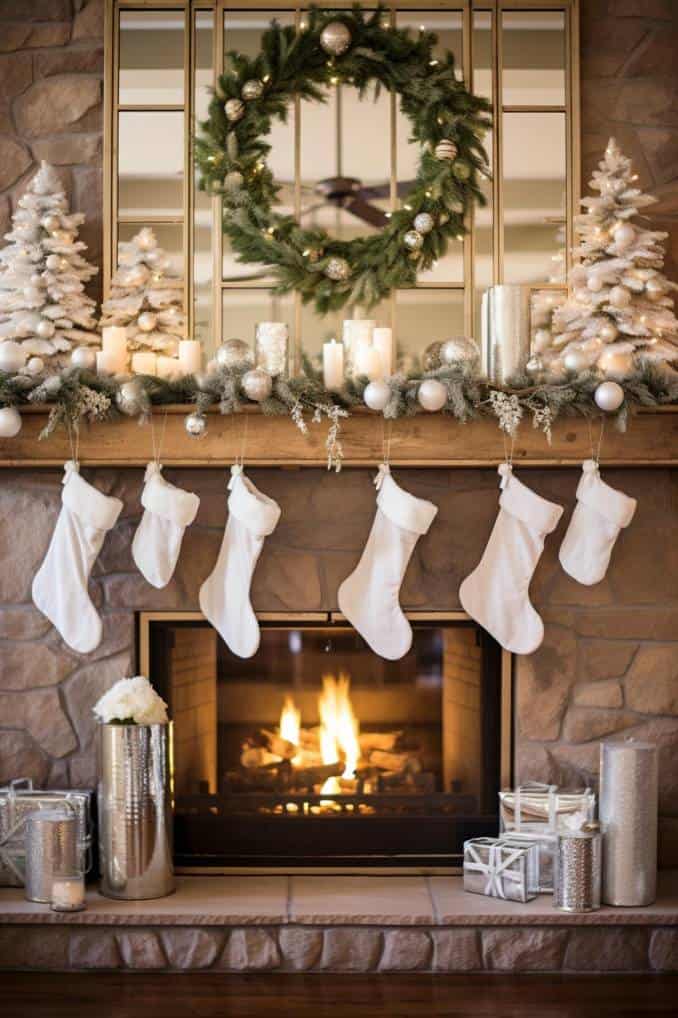 Flocked Wreath and Mini Trees on a Farmhouse Mantel — Farmhouse Christmas Decor