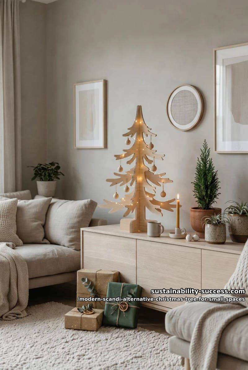 Minimalist Wooden Tree on Credenza in Scandi Style — Alternative Christmas Trees