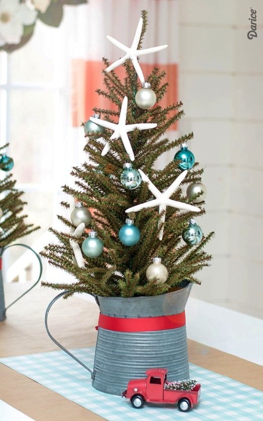 Coastal Small Tree with Starfish and Blue Baubles — Small Christmas Tree Decor