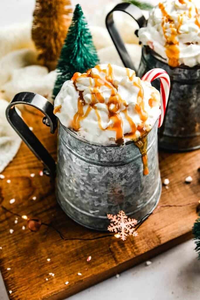 Galvanized Metal Mug Hot Cocoa with Caramel Drizzle and Mini Trees — Christmas Hot Cocoa Bar