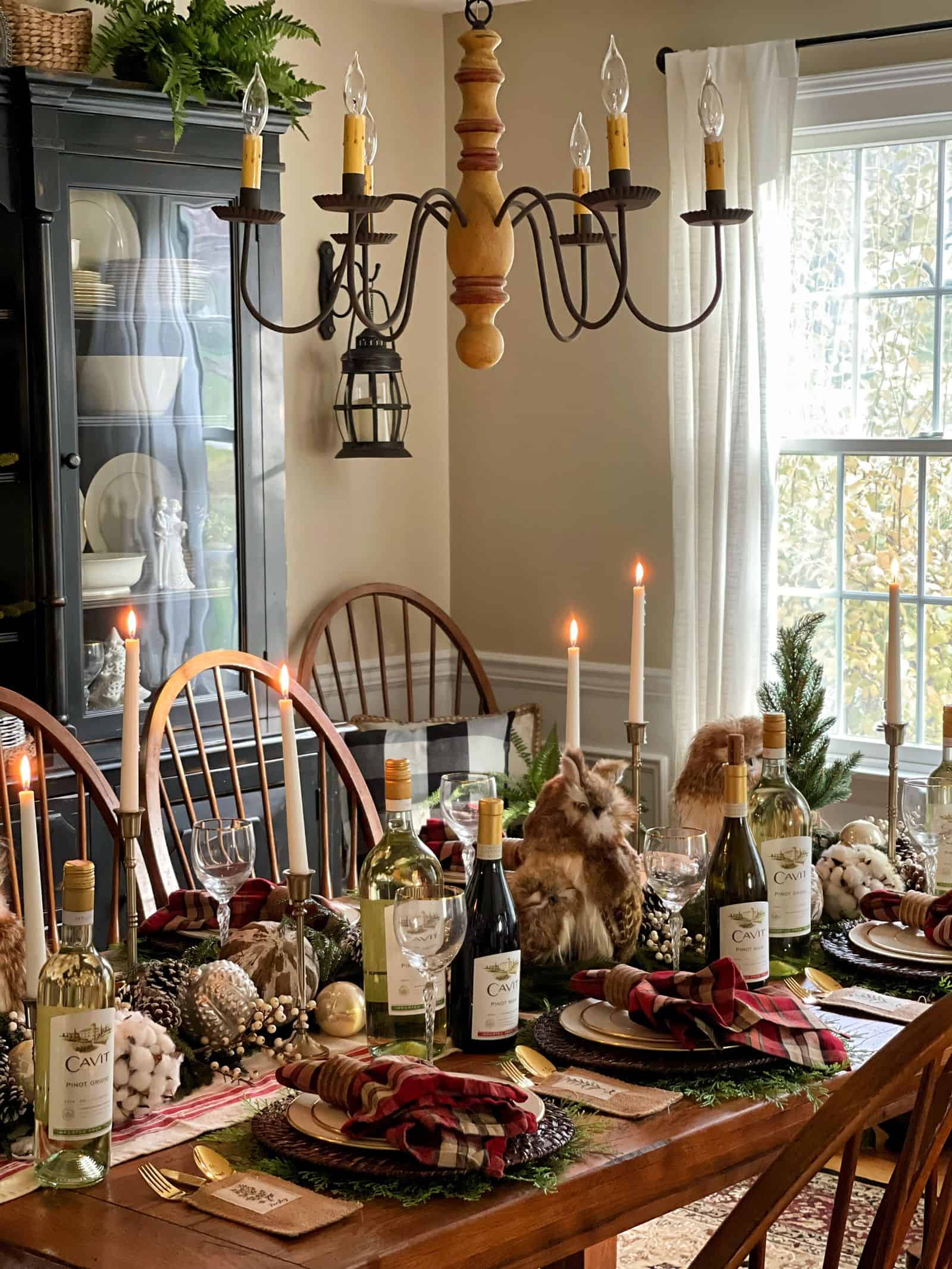 Farmhouse Style Table Setting with Pine Accents and Owl Figurine — New Years Eve Party Decor