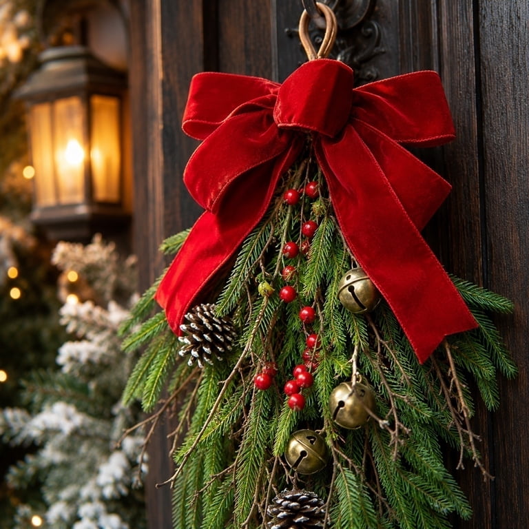 Close-up of a Festive Door Swag with Red Velvet Bow Close-up of a Festive Door Swag with Red Velvet Bow — Christmas Front Door Decor