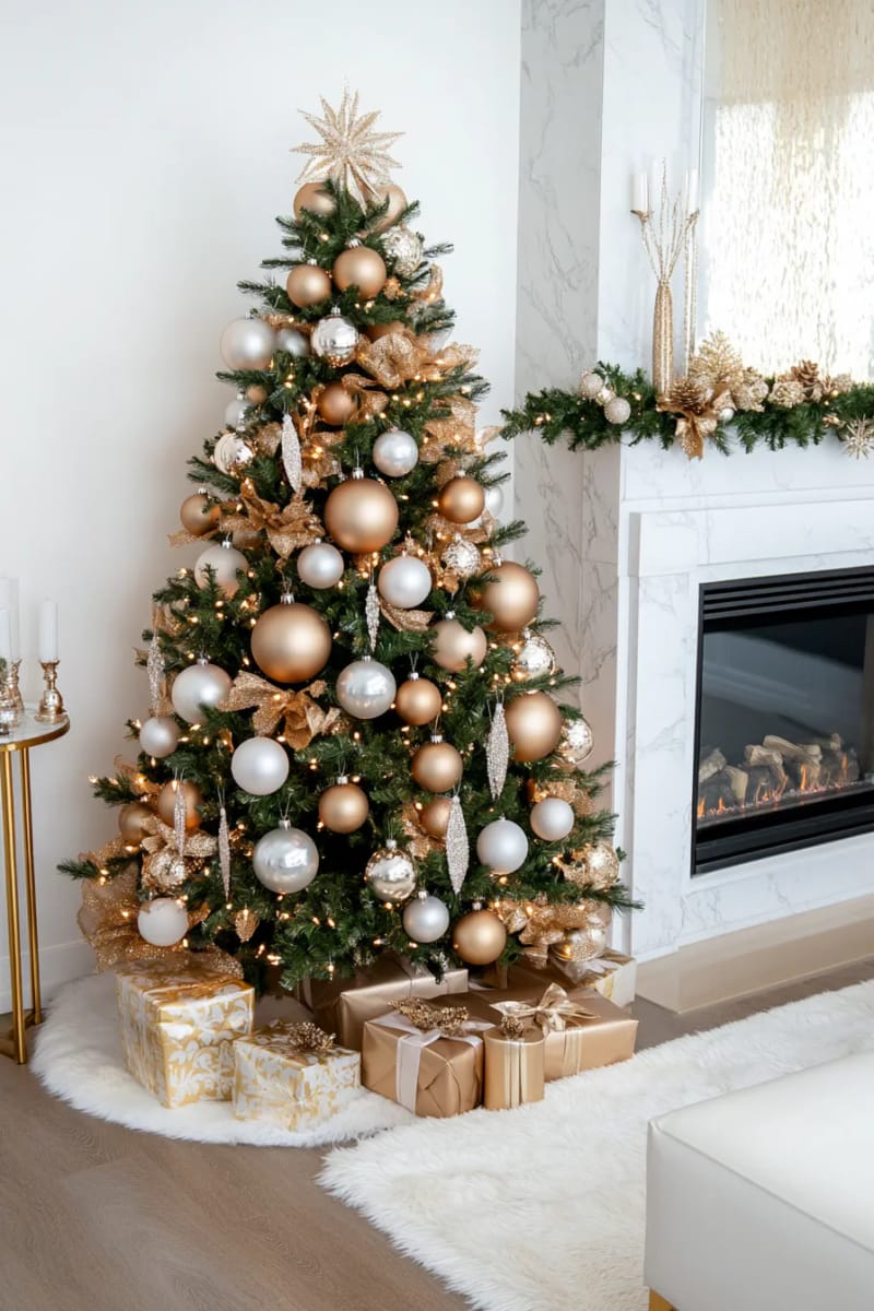 Glamorous Christmas Tree Beside a Marble Fireplace — Elegant Christmas Decor