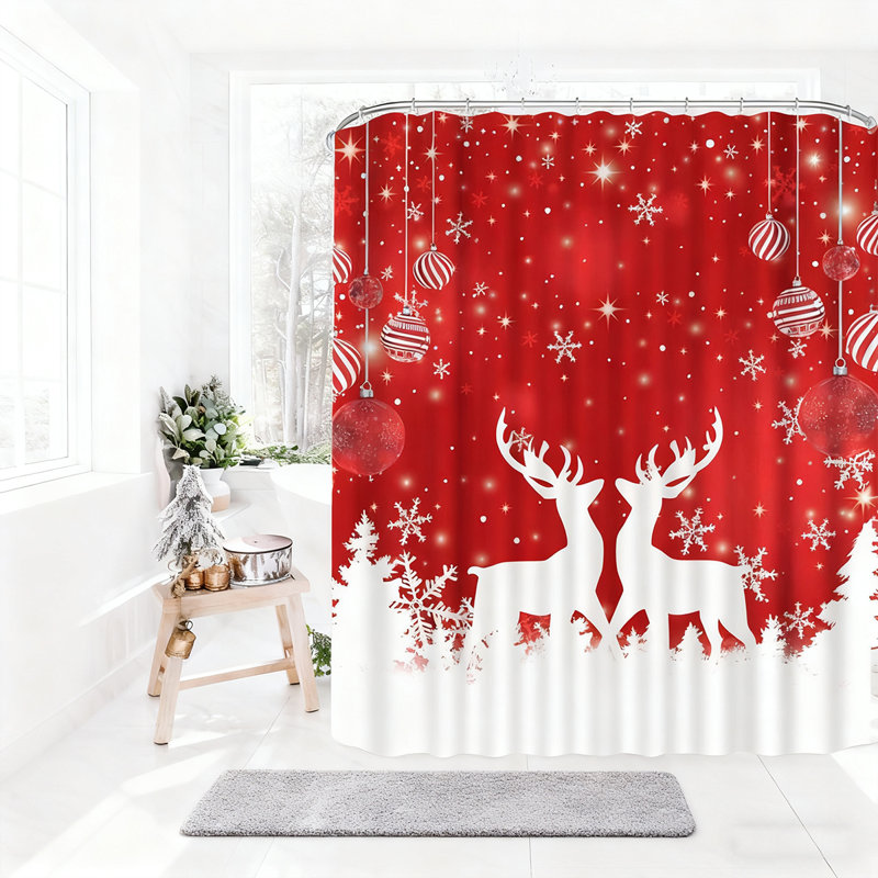Farmhouse Rustic Shower Curtain with Reindeer and Snowflakes Farmhouse Rustic Shower Curtain with Reindeer and Snowflakes — Christmas Bathroom Decor