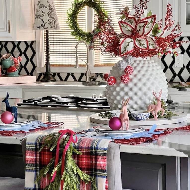 Festive Kitchen Island with a Red Floral Arrangement Festive Kitchen Island with a Red Floral Arrangement — Red and Green Christmas Decor