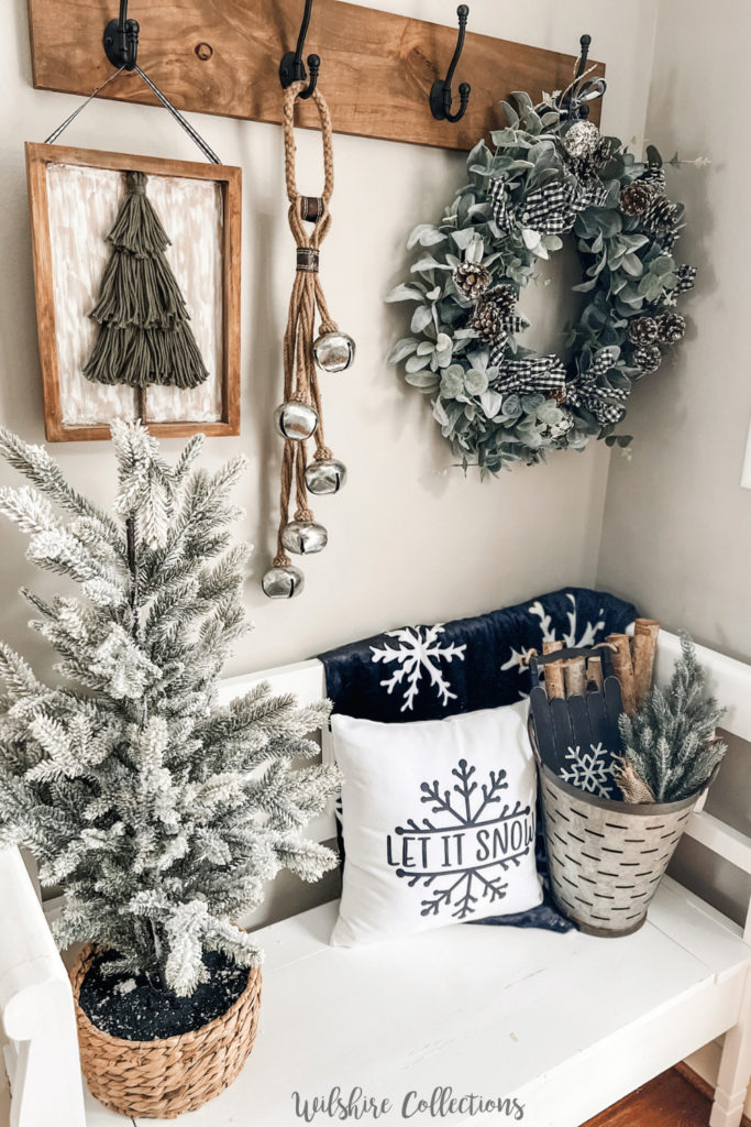 Farmhouse Entryway with Flocked Tree and Wreath Farmhouse Entryway with Flocked Tree and Wreath — Winter Decor After Christmas