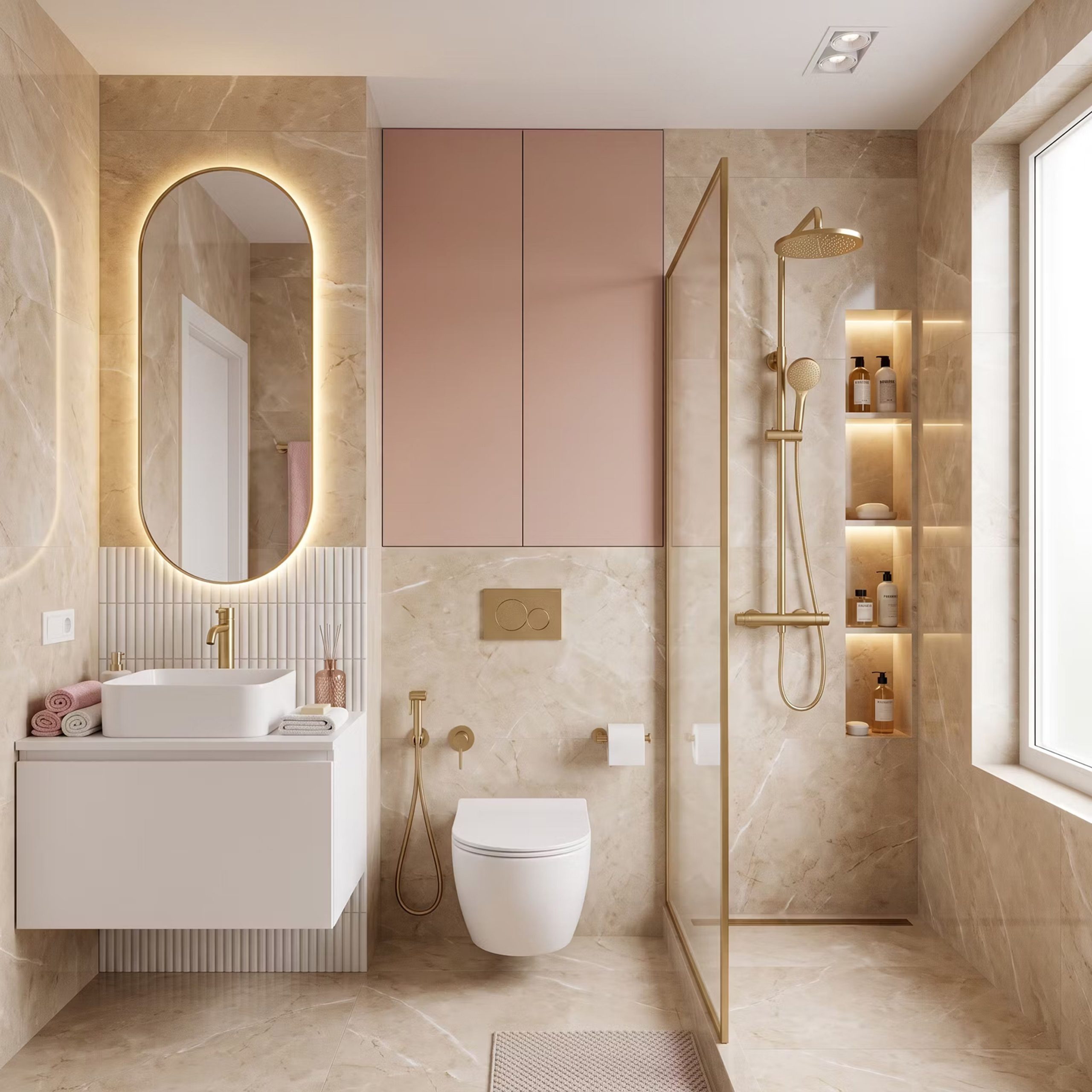 Modern Bathroom with Pink Cabinetry and Gold Fixtures — Shower Room Ideas