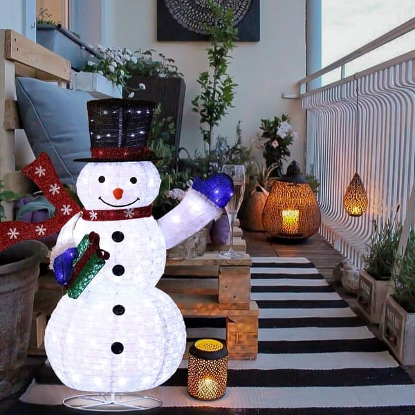 Lighted White Snowman on a Balcony with Eclectic Decor Lighted White Snowman on a Balcony with Eclectic Decor — White Christmas Decor