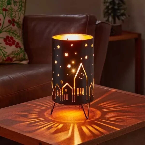 Black Metal Lantern with Intricate House and Star Cutouts — Christmas Lantern Lights