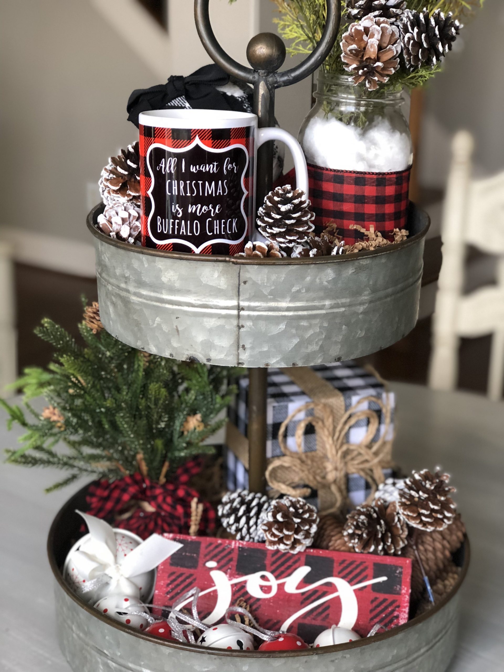 Galvanized Metal Tray with Buffalo Check and Pinecones Galvanized Metal Tray with Buffalo Check and Pinecones — Christmas Tiered Tray
