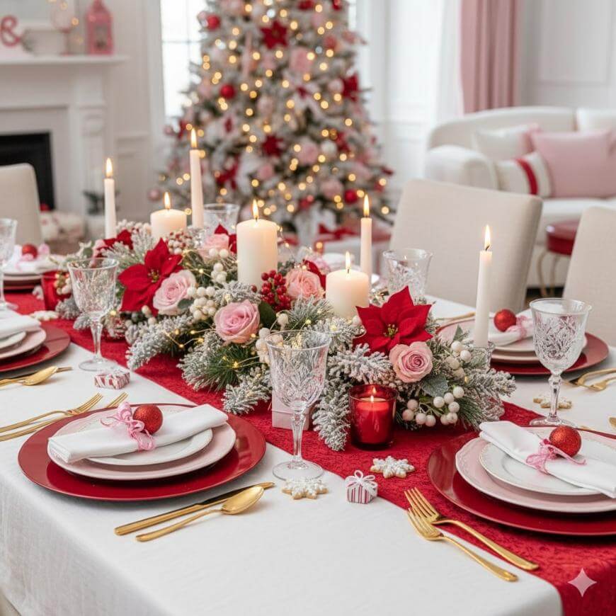 Modern Dining Room with Vibrant Tablescape and Poinsettia Centerpiece — Modern Christmas Decor