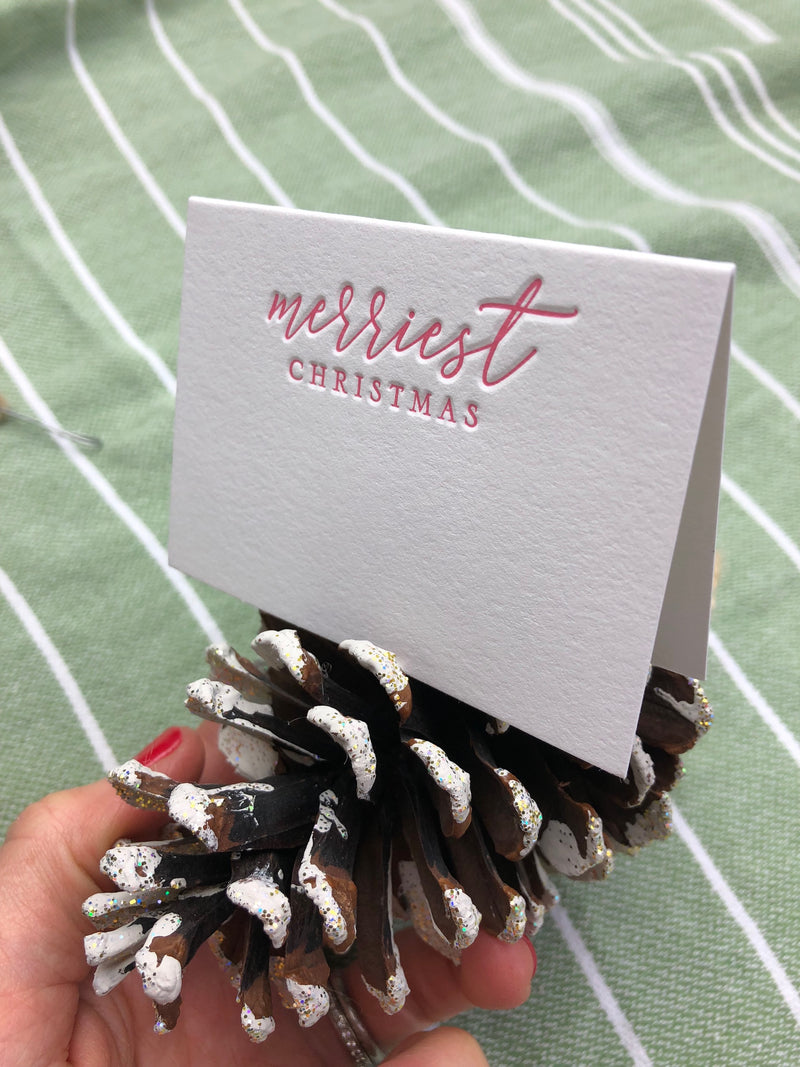 Elegant Letterpress Place Cards with Pinecone Holders — Christmas Place Cards