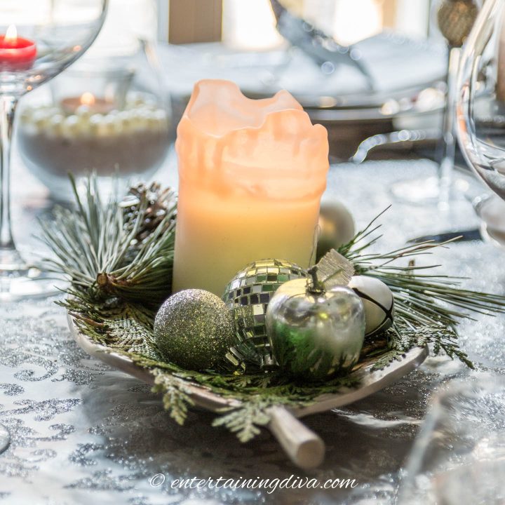Elegant Table Decor with Frosted Candle and Ornaments — Simple Christmas Decor