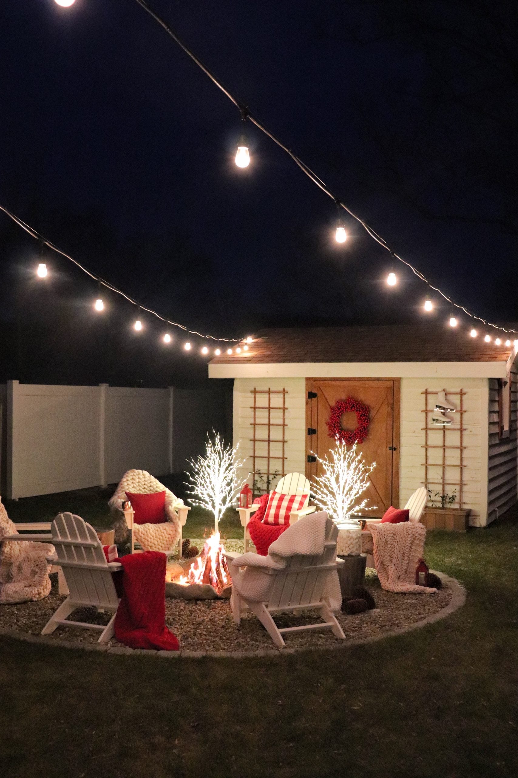 Cozy Backyard Patio with Fire Pit and String Lights — Outdoor Christmas Lights