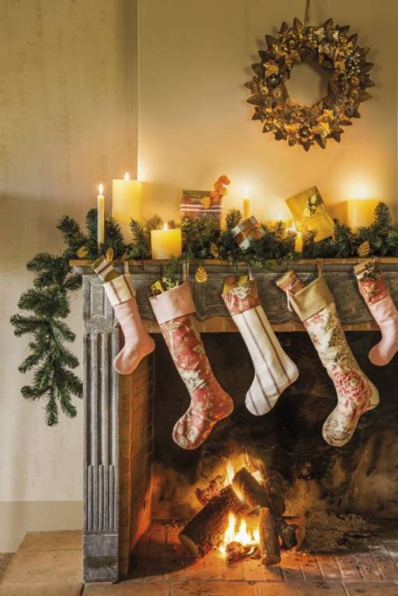 Elegant Patterned Stockings on Mantel — Christmas Stockings Display