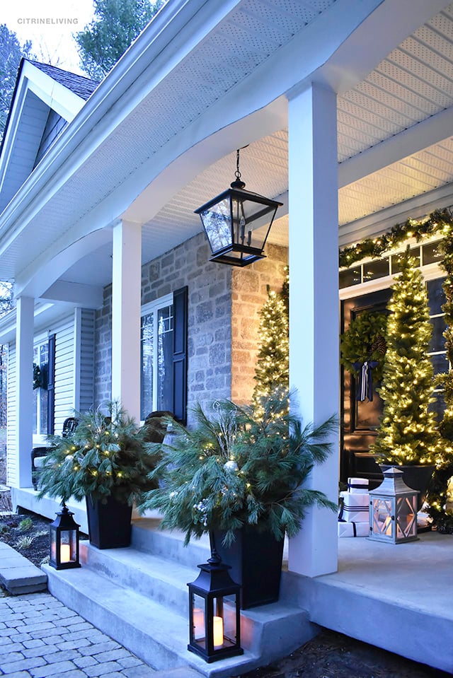 Magical Evening Porch with Numerous Glowing Christmas Trees — Farmhouse Christmas Porch