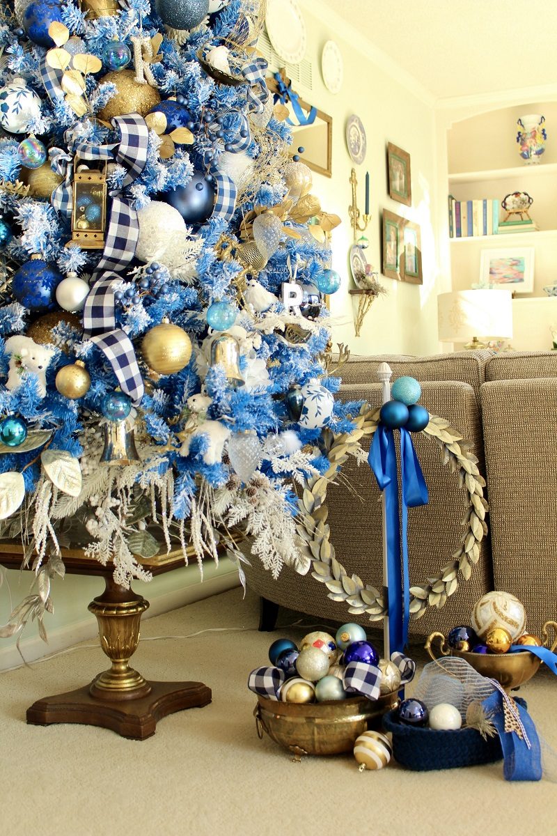 Whimsical Blue Flocked Christmas Tree Display Whimsical Blue Flocked Christmas Tree Display — Blue Christmas Decor