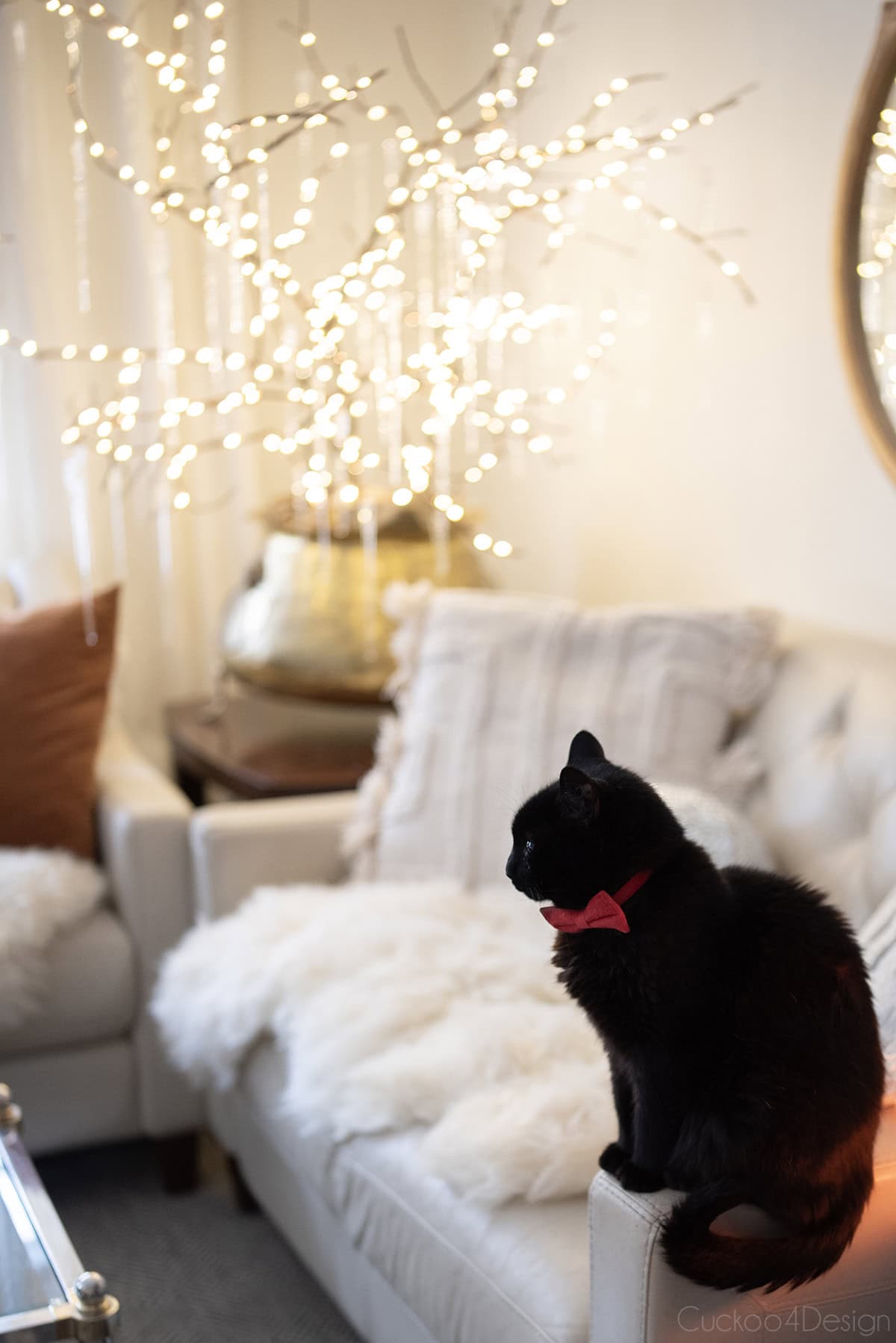 Corner Vignette Cozy Living Room with Ambient String Lights on Branches Corner Vignette Cozy Living Room with Ambient String Lights on Branches — Christmas Apartment Decor