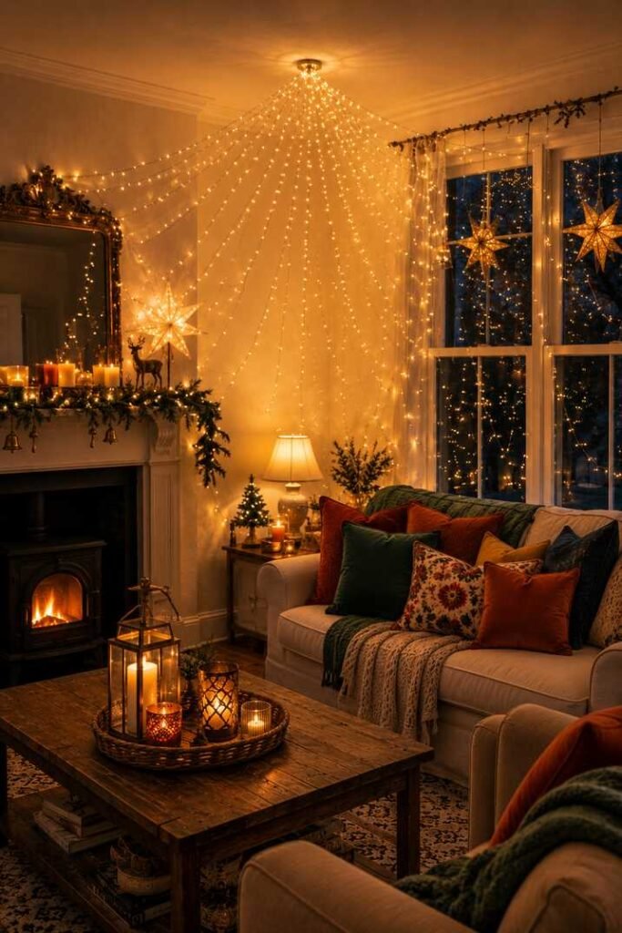 Traditional Living Room with Cascading Fairy Lights from the Ceiling — Christmas Fairy Lights Ceiling