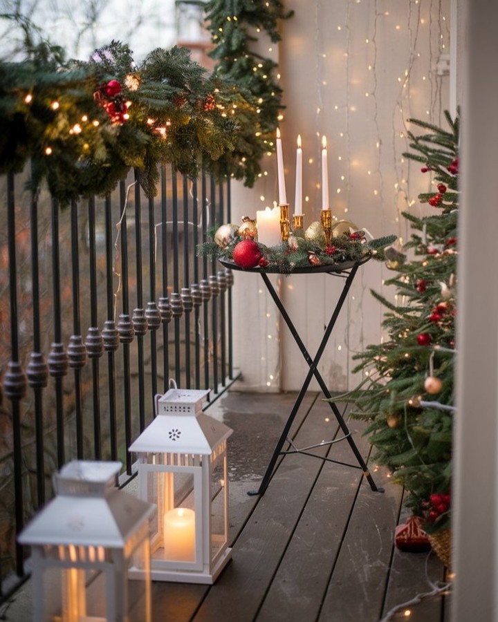 Candlelit Table and Mini Tree for a Cozy Balcony Evening — Christmas Balcony Decor