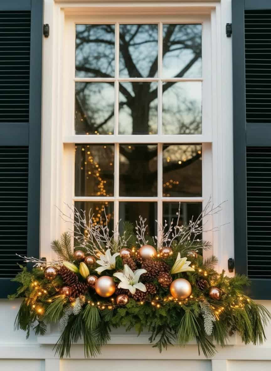 Elegant Window Box with Pine Boughs, Pine Cones, and Lilies Elegant Window Box with Pine Boughs, Pine Cones, and Lilies — Christmas Window Decor Outdoor