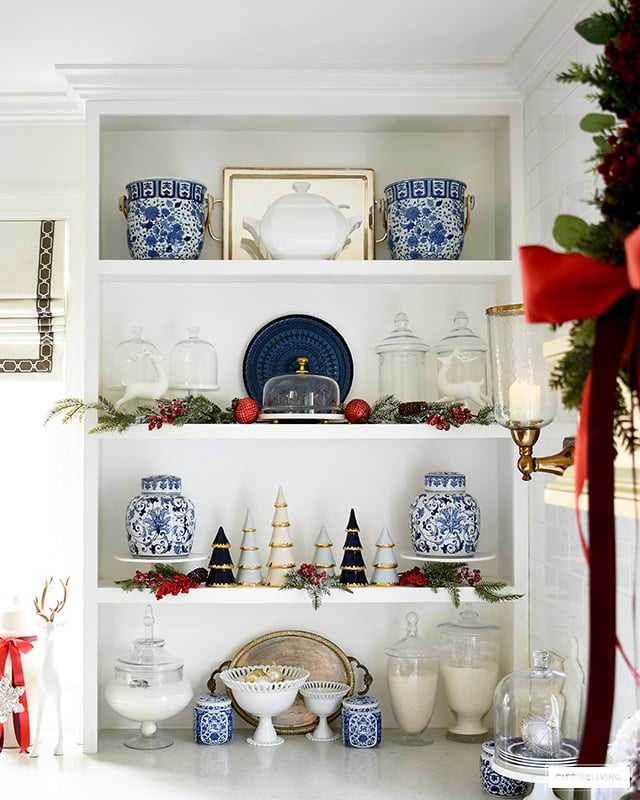 Traditional Shelving Unit with Blue Ginger Jars Traditional Shelving Unit with Blue Ginger Jars — Christmas Shelf Decor